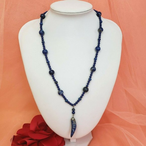 Vintage Lapis Lazuli 20” Long Necklace Horn Pendant - Picture 1 of 9
